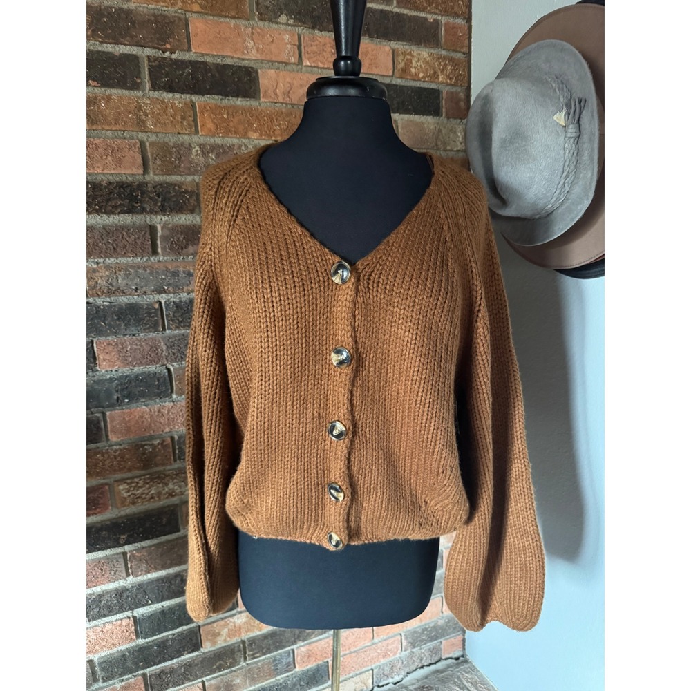 Hyfve Womens Chunky Knitโ Button Front Cardigan Sweater Brown V-Neck Large